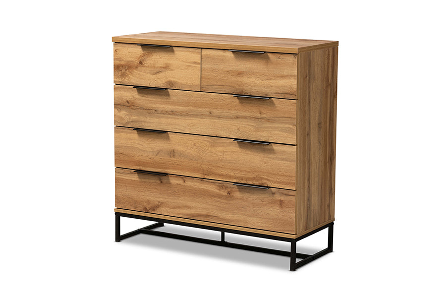 baxton studio franklin modern and contemporary oak finished wood and black finished metal 5 drawer bedroom chest | Modish Furniture Store-2