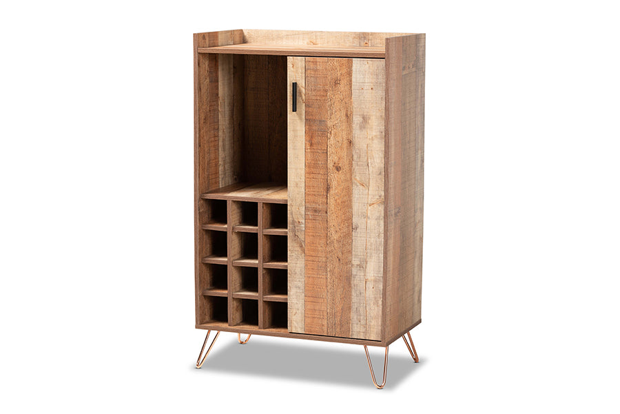 baxton studio mathis modern and contemporary rustic brown finished wood and rose gold finished metal wine storage cabinet | Modish Furniture Store-2