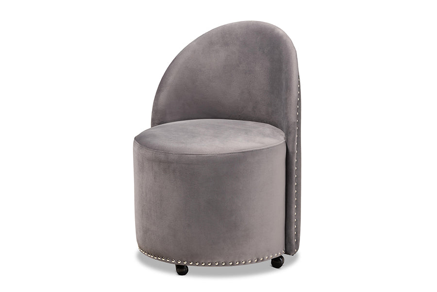 baxton studio bethel glam and luxe grey velvet fabric upholstered rolling accent chair | Modish Furniture Store-2