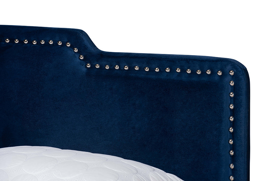 Baxton Studio Benjen Modern and Contemporary Glam Navy Blue Velvet Fabric Upholstered Full Size Panel Bed | Beds | Modishstore - 3