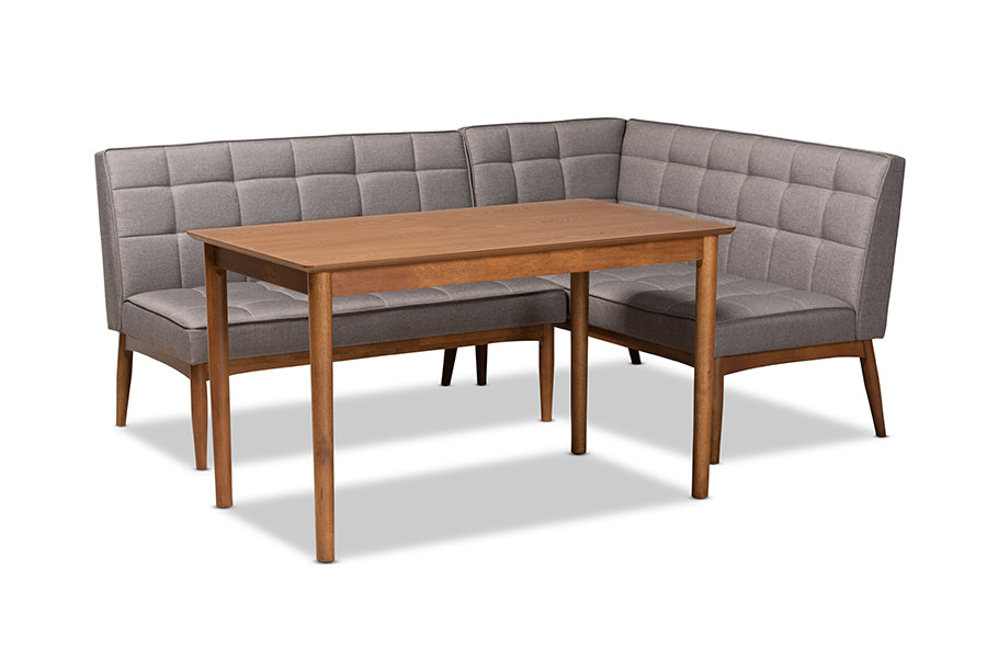 baxton studio sanford mid century modern grey fabric upholstered and walnut brown finished wood 3 piece dining nook set | Modish Furniture Store-2