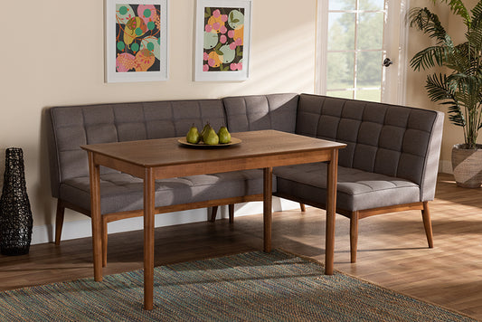 Baxton Studio Sanford Mid-Century Modern Grey Fabric Upholstered and Walnut Brown Finished Wood 3-Piece Dining Nook Set | Modishstore | Dining Sets