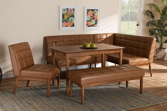 Baxton Studio Sanford Mid-Century Modern Tan Faux Leather Upholstered and Walnut Brown Finished Wood 5-Piece Dining Nook Set | Modishstore | Dining Sets