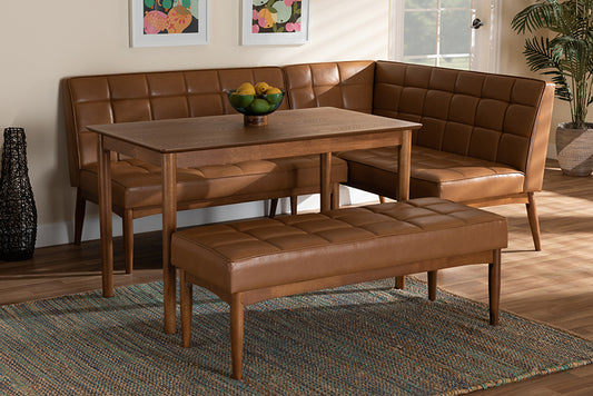 Baxton Studio Sanford Mid-Century Modern Tan Faux Leather Upholstered and Walnut Brown Finished Wood 4-Piece Dining Nook Set | Modishstore | Dining Sets