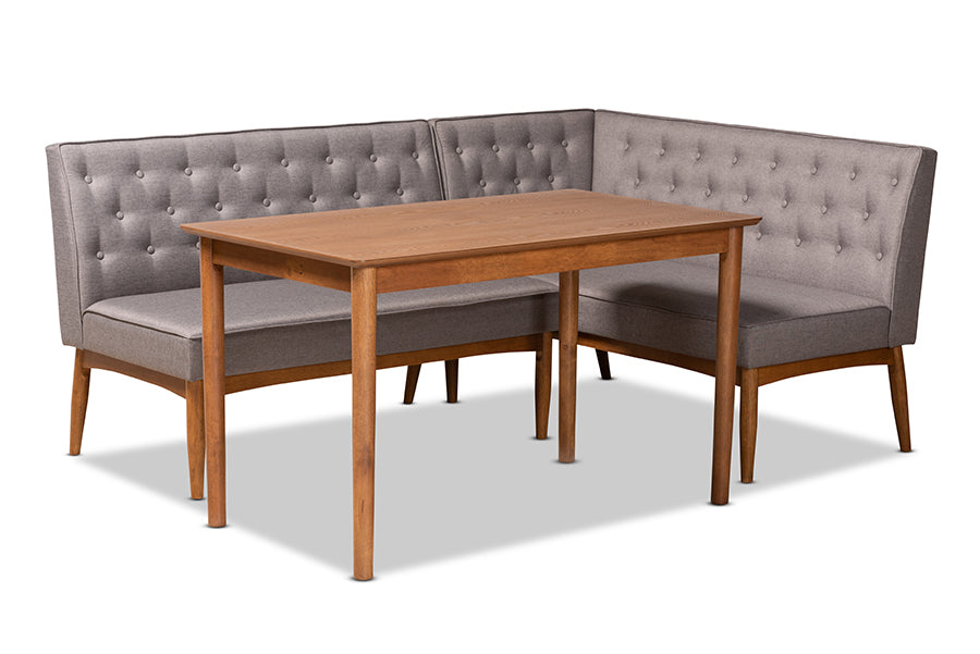 baxton studio riordan mid century modern grey fabric upholstered and walnut brown finished wood 3 piece dining nook set | Modish Furniture Store-2