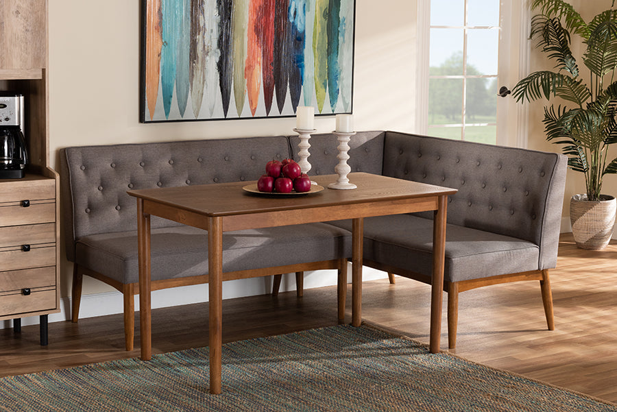 Baxton Studio Riordan Mid-Century Modern Grey Fabric Upholstered and Walnut Brown Finished Wood 3-Piece Dining Nook Set | Modishstore | Dining Sets