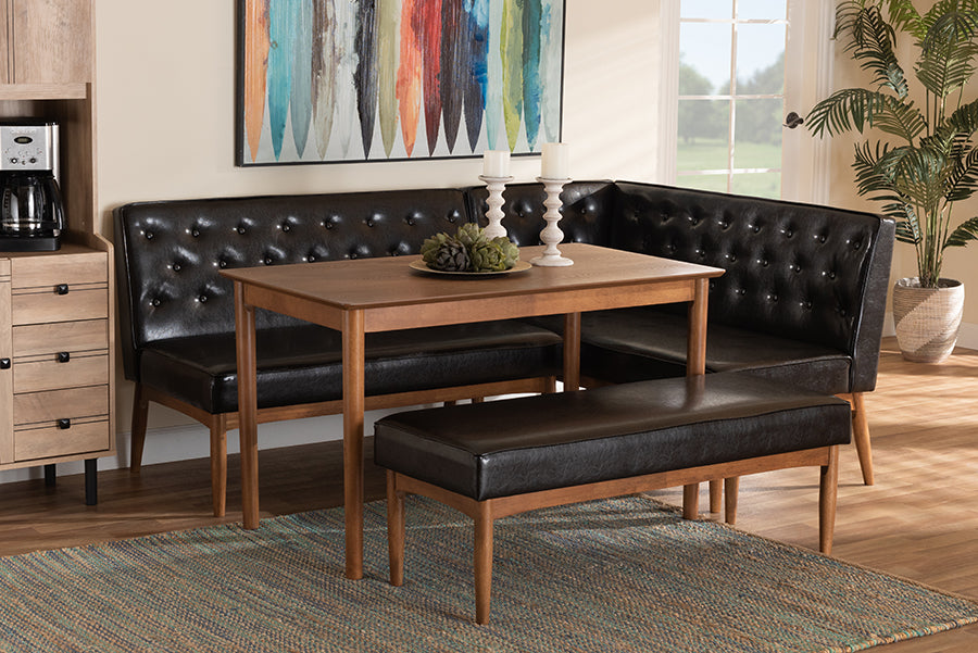 Baxton Studio Riordan Mid-Century Modern Dark Brown Faux Leather Upholstered and Walnut Brown Finished Wood 4-Piece Dining Nook Set | Modishstore | Dining Sets