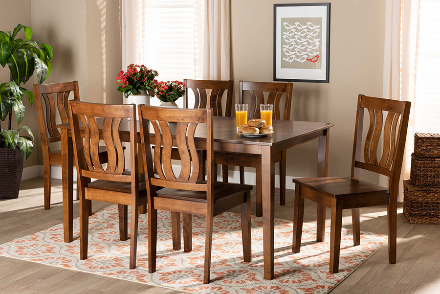 Baxton Studio Zamira Modern and Contemporary Transitional Walnut Brown Finished Wood 7-Piece Dining Set | Modishstore | Dining Sets