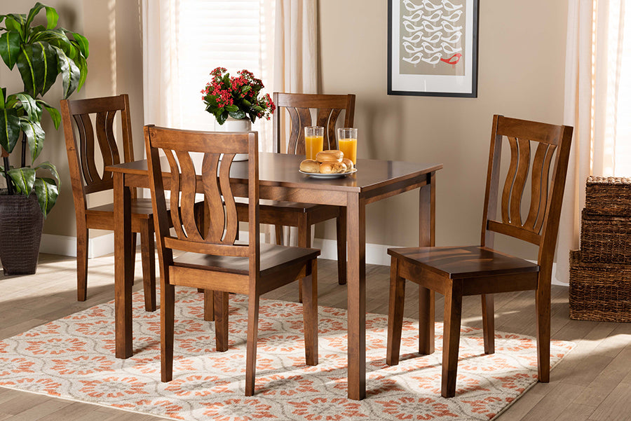 Baxton Studio Zamira Modern and Contemporary Transitional Walnut Brown Finished Wood 5-Piece Dining Set | Modishstore | Dining Sets