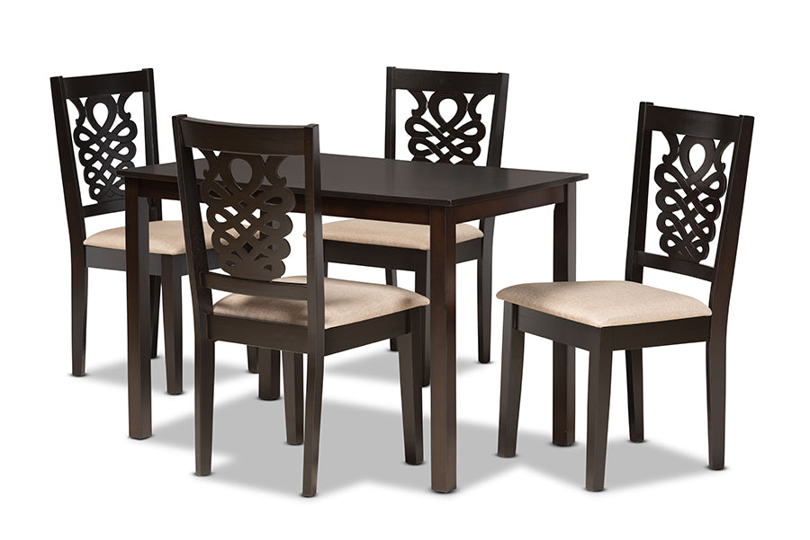 baxton studio gervais modern and contemporary sand fabric upholstered and dark brown finished wood 5 piece dining set | Modish Furniture Store-2