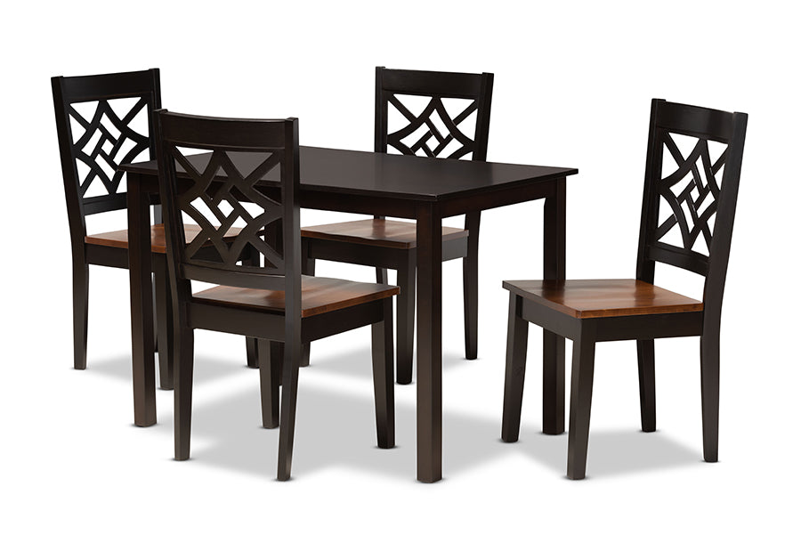 baxton studio nicolette modern and contemporary two tone dark brown and walnut brown finished wood 5 piece dining set | Modish Furniture Store-2