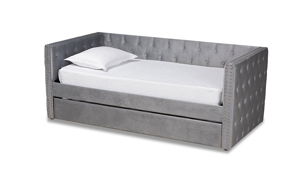 baxton studio larkin modern and contemporary grey velvet fabric upholstered twin size daybed with trundle | Modish Furniture Store-2