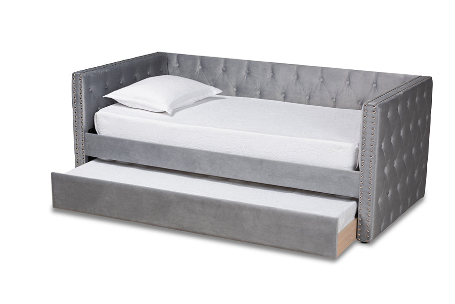 baxton studio larkin modern and contemporary grey velvet fabric upholstered twin size daybed with trundle | Modish Furniture Store-3