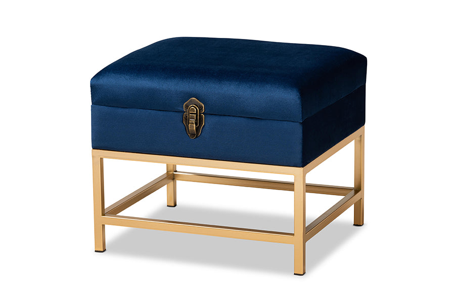 Baxton Studio Aliana Glam and Luxe Navy Blue Velvet Fabric Upholstered and Gold Finished Metal Small Storage Ottoman | Ottomans | Modishstore - 8