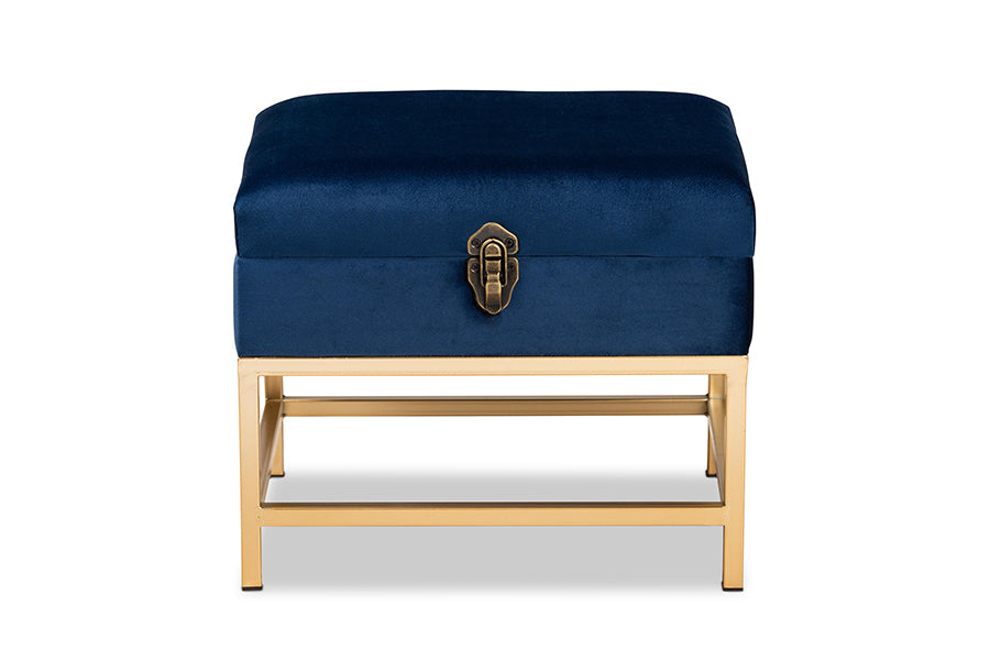 Baxton Studio Aliana Glam and Luxe Navy Blue Velvet Fabric Upholstered and Gold Finished Metal Small Storage Ottoman | Ottomans | Modishstore - 7