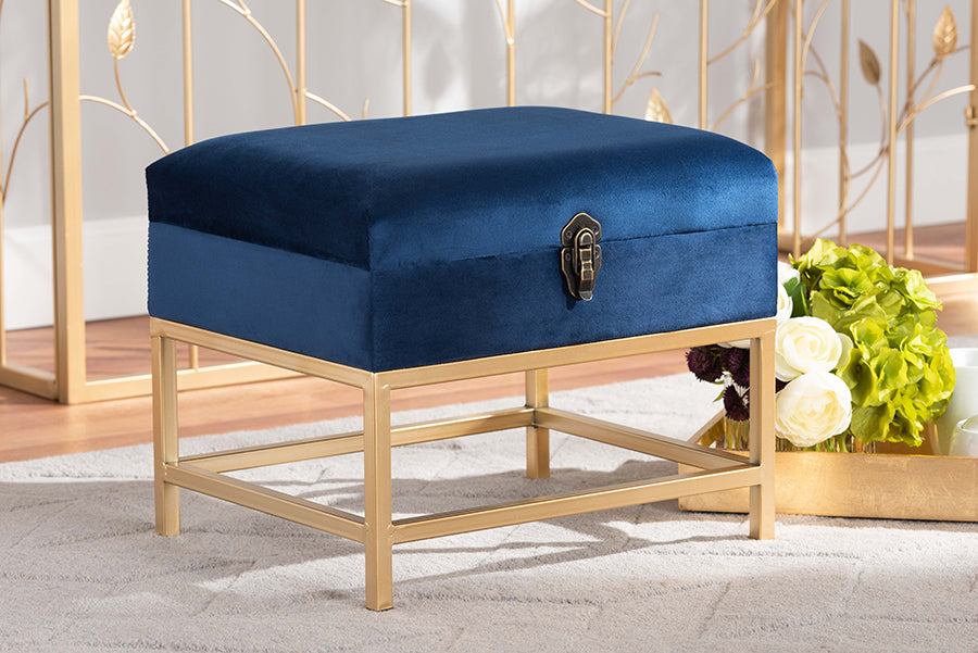 Baxton Studio Aliana Glam and Luxe Navy Blue Velvet Fabric Upholstered and Gold Finished Metal Small Storage Ottoman | Ottomans | Modishstore - 2