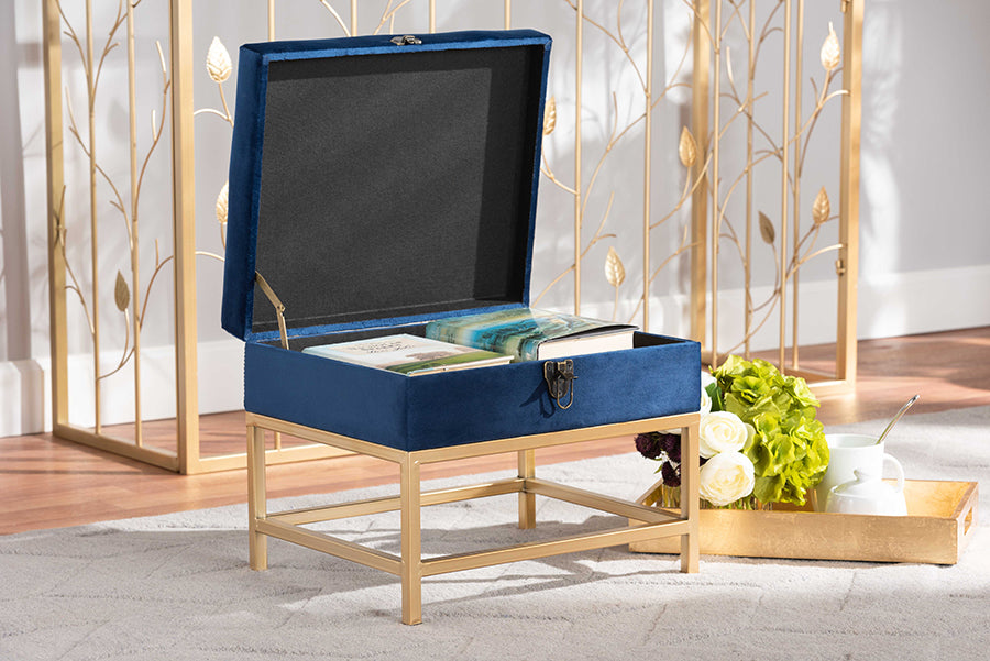 Baxton Studio Aliana Glam and Luxe Navy Blue Velvet Fabric Upholstered and Gold Finished Metal Small Storage Ottoman | Ottomans | Modishstore