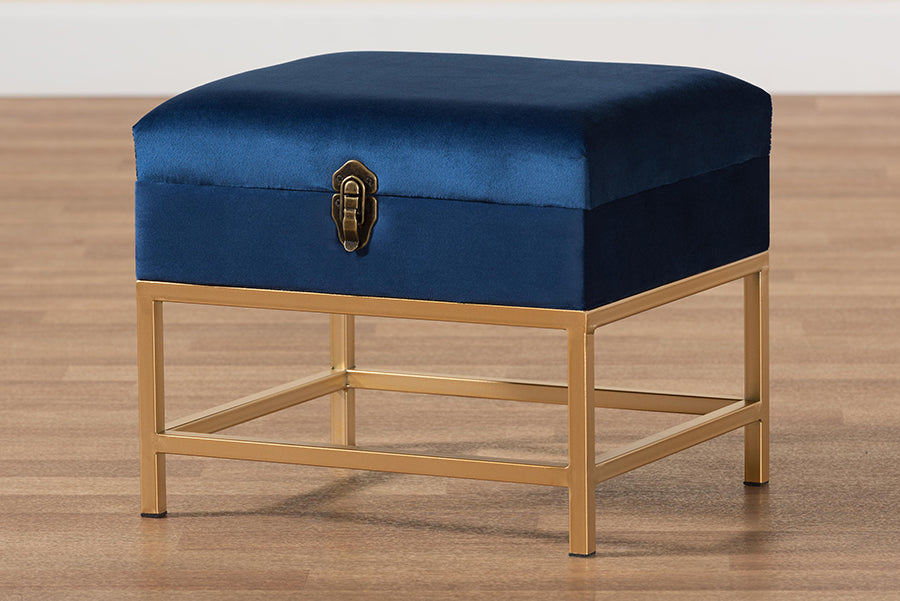 Baxton Studio Aliana Glam and Luxe Navy Blue Velvet Fabric Upholstered and Gold Finished Metal Small Storage Ottoman | Ottomans | Modishstore - 3