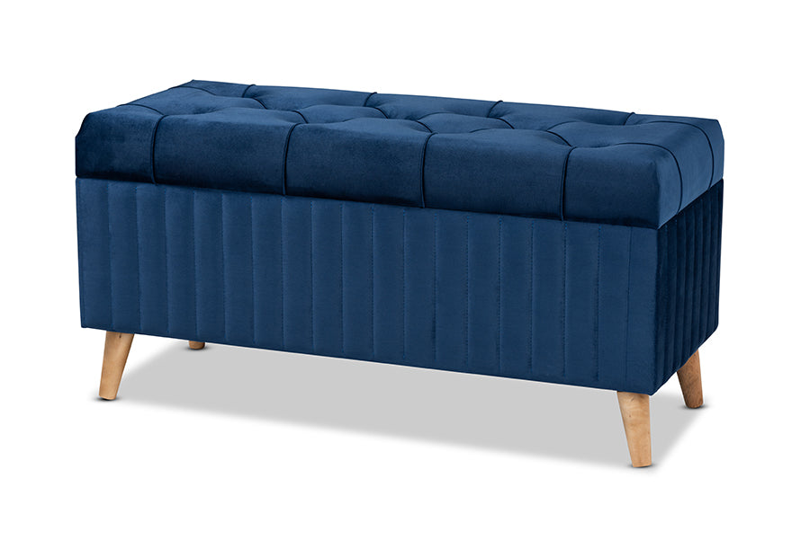 baxton studio hanley modern and contemporary navy blue velvet fabric upholstered and walnut brown finished wood storage ottoman | Modish Furniture Store-2