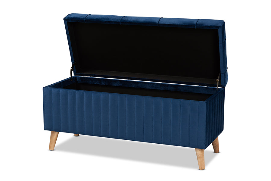 baxton studio hanley modern and contemporary navy blue velvet fabric upholstered and walnut brown finished wood storage ottoman | Modish Furniture Store-3