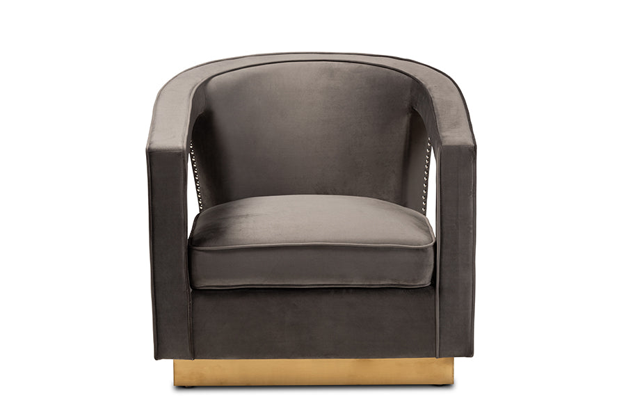 Baxton Studio Neville Modern Luxe and Glam Grey Velvet Fabric Upholstered and Gold Finished Metal Armchair | Armchairs | Modishstore - 7