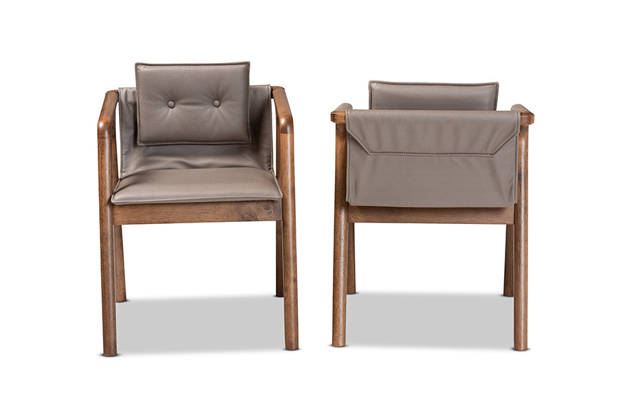 Baxton Studio Marcena Mid-Century Modern Grey Imitation Leather Upholstered and Walnut Brown Finished Wood 2-Piece Dining Chair Set | Modishstore | Dining Chairs - 4