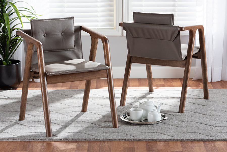 Baxton Studio Marcena Mid-Century Modern Grey Imitation Leather Upholstered and Walnut Brown Finished Wood 2-Piece Dining Chair Set | Modishstore | Dining Chairs - 2