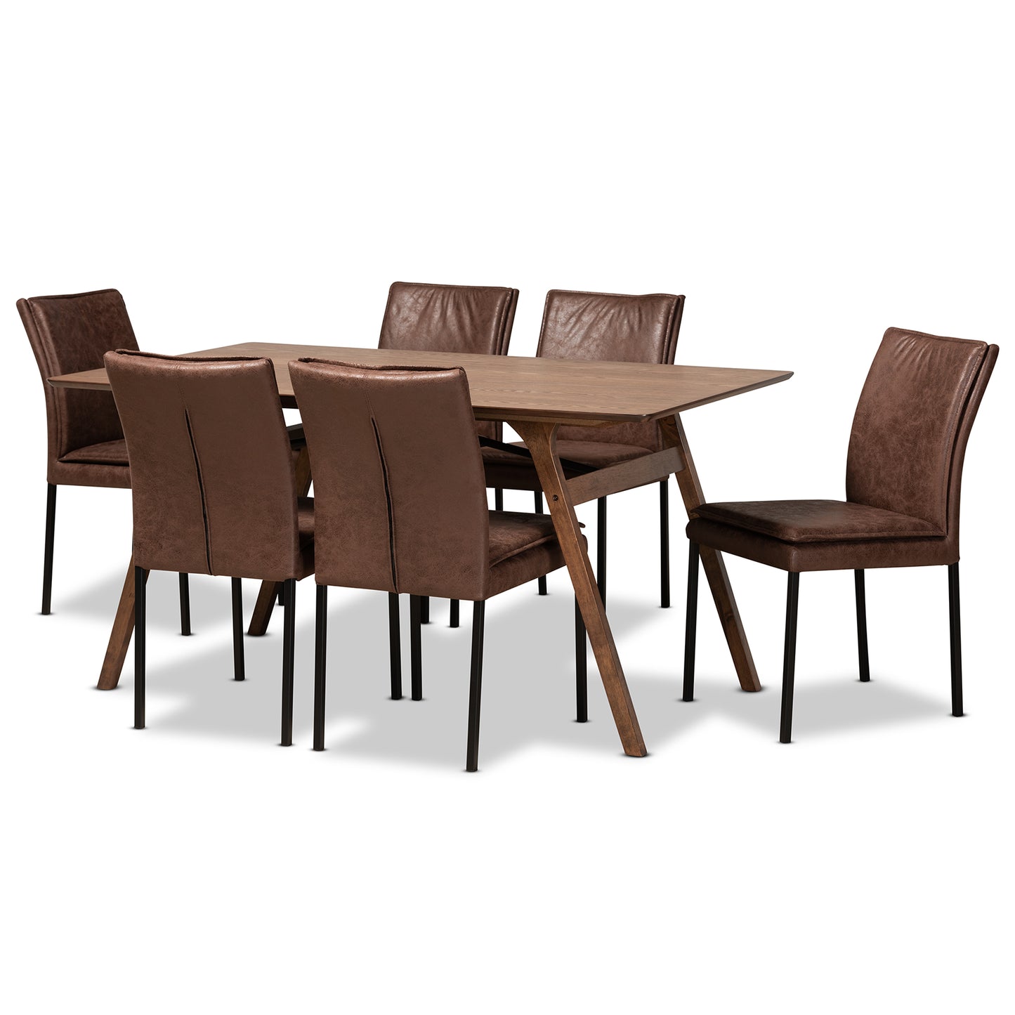 Baxton Studio Gerard Modern and Contemporary Distressed Brown Fabric Upholstered and Black Finished Metal with Walnut Brown Finished Wood 7-Piece Dining Set | Dining Sets | Modishstore - 2