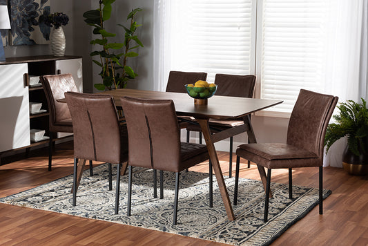 Baxton Studio Gerard Modern and Contemporary Distressed Brown Fabric Upholstered and Black Finished Metal with Walnut Brown Finished Wood 7-Piece Dining Set | Dining Sets | Modishstore