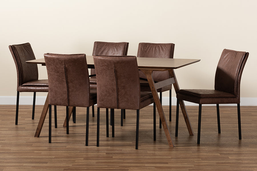 Baxton Studio Gerard Modern and Contemporary Distressed Brown Fabric Upholstered and Black Finished Metal with Walnut Brown Finished Wood 7-Piece Dining Set | Dining Sets | Modishstore - 3