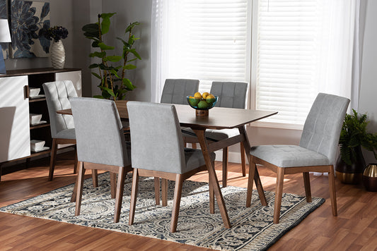 Baxton Studio Tara Mid-Century Modern Light Grey Fabric Upholstered and Walnut Brown Finished Wood 7-Piece Dining Set | Dining Sets | Modishstore