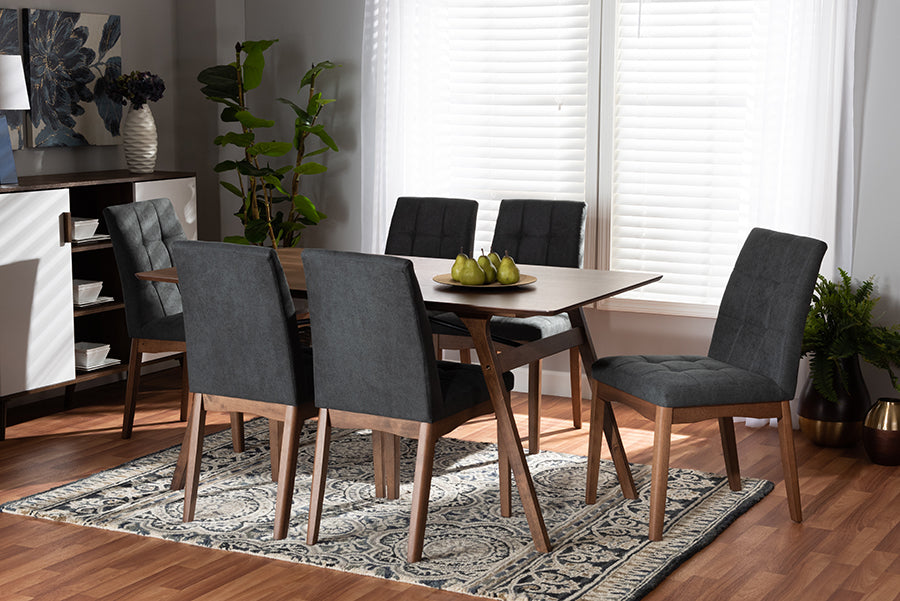 Baxton Studio Tara Mid-Century Modern Dark Grey Fabric Upholstered and Walnut Brown Finished Wood 7-Piece Dining Set | Dining Sets | Modishstore