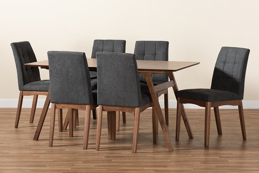 Baxton Studio Tara Mid-Century Modern Dark Grey Fabric Upholstered and Walnut Brown Finished Wood 7-Piece Dining Set | Dining Sets | Modishstore - 3