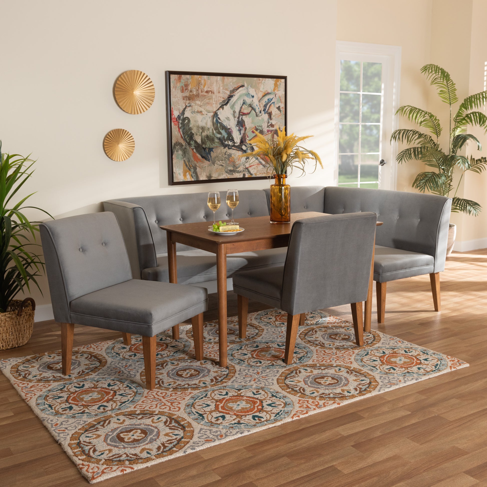 Baxton Studio Stewart Mid-Century Modern Grey Velvet Upholstered And Walnut Brown Finished Wood 5-Piece Dining Set | Dining Sets | Modishstore