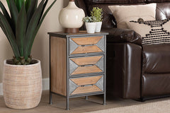 Baxton Studio Laurel Rustic Industrial Antique Grey Finished Metal and Whitewashed Oak Brown Finished Wood 3-Drawer Nightstand