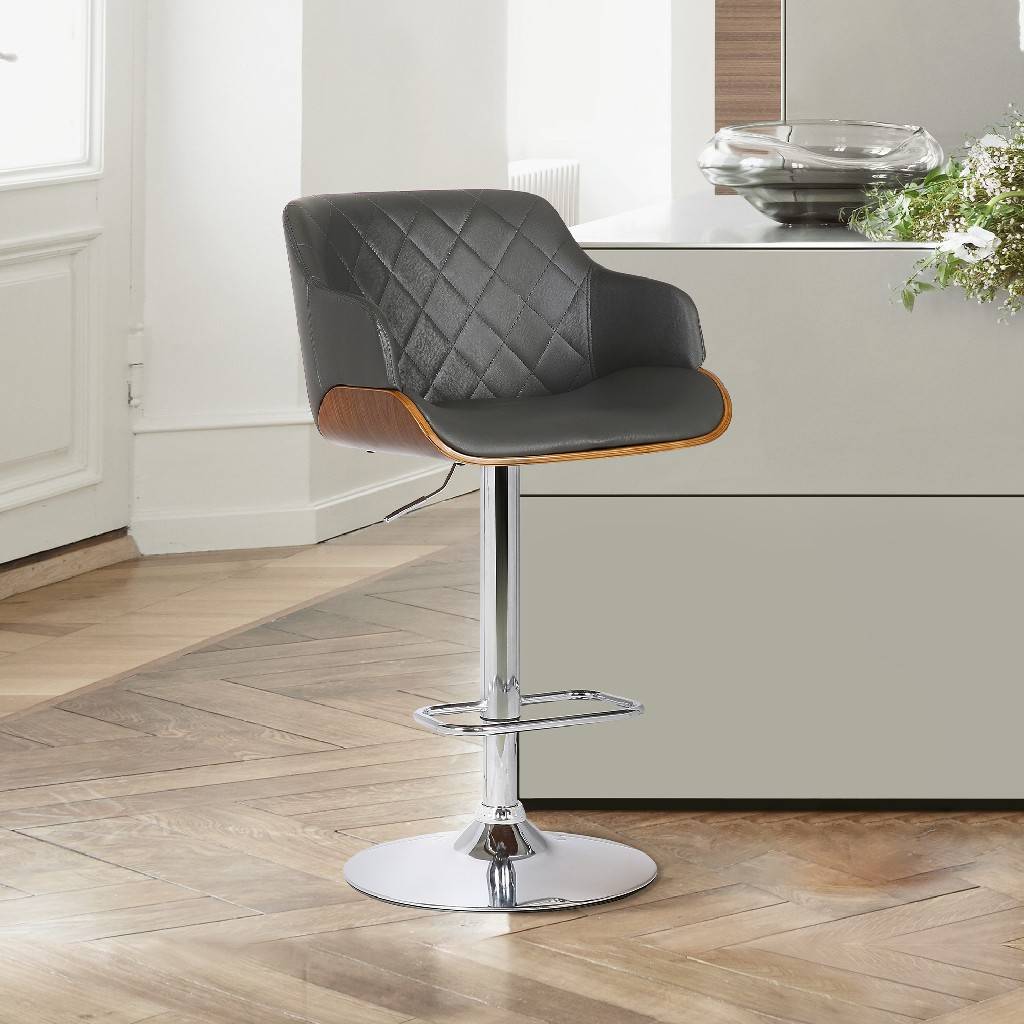 Toby Grey Faux Leather Adjustable Height Swivel Walnut Wood and Chrome Bar Stool By Armen Living | Bar Stools | Modishstore