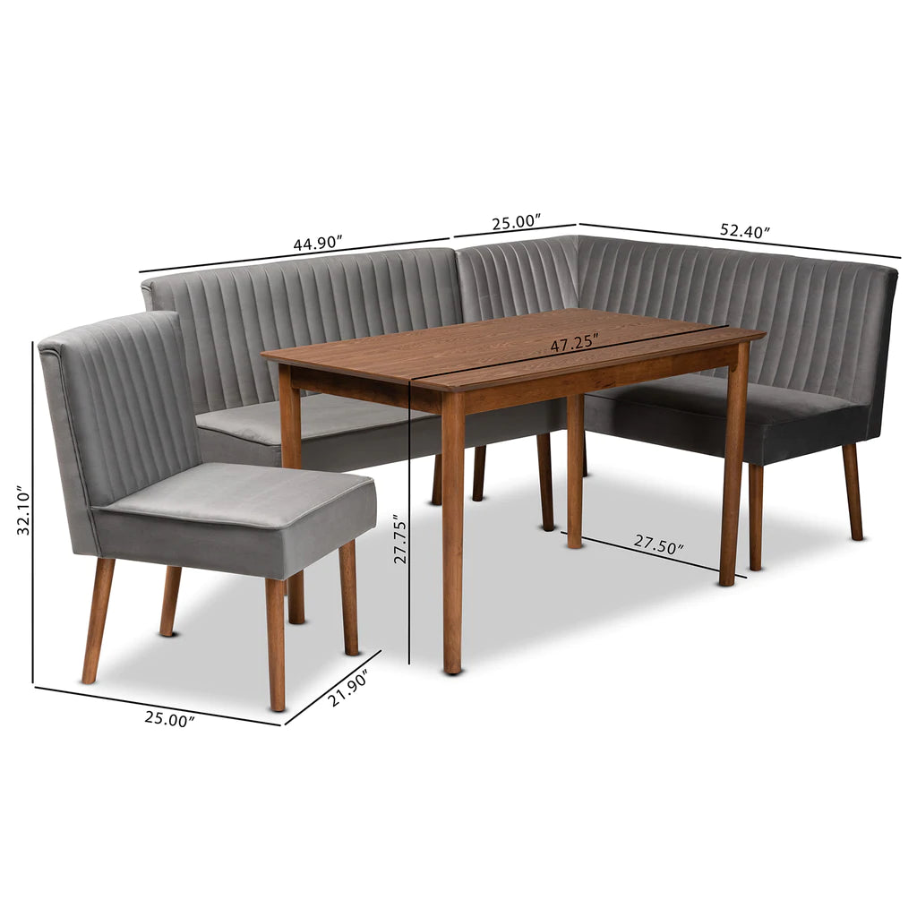 Baxton Studio Alvis Mid-Century Modern Grey Velvet Upholstered And Walnut Brown Finished Wood 4-Piece Dining Nook Set | Dining Sets | Modishstore - 7