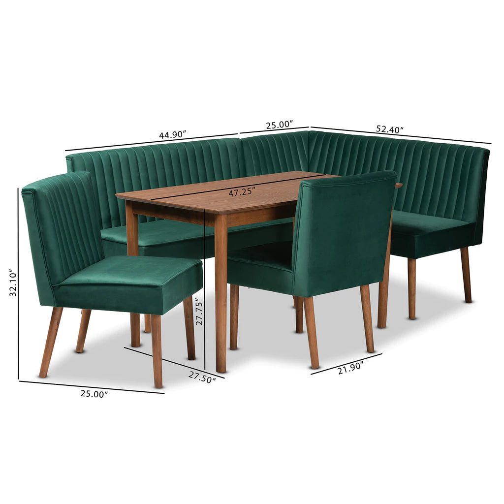 Baxton Studio Alvis Mid-Century Modern Emerald Green Velvet Upholstered And Walnut Brown Finished Wood 5-Piece Dining Nook Set | Dining Sets | Modishstore - 8