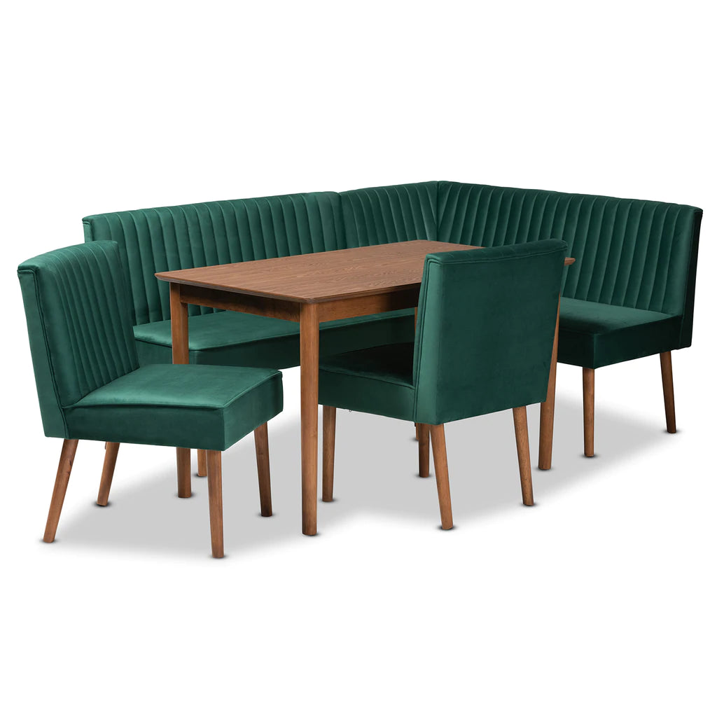 Baxton Studio Alvis Mid-Century Modern Emerald Green Velvet Upholstered And Walnut Brown Finished Wood 5-Piece Dining Nook Set | Dining Sets | Modishstore - 2