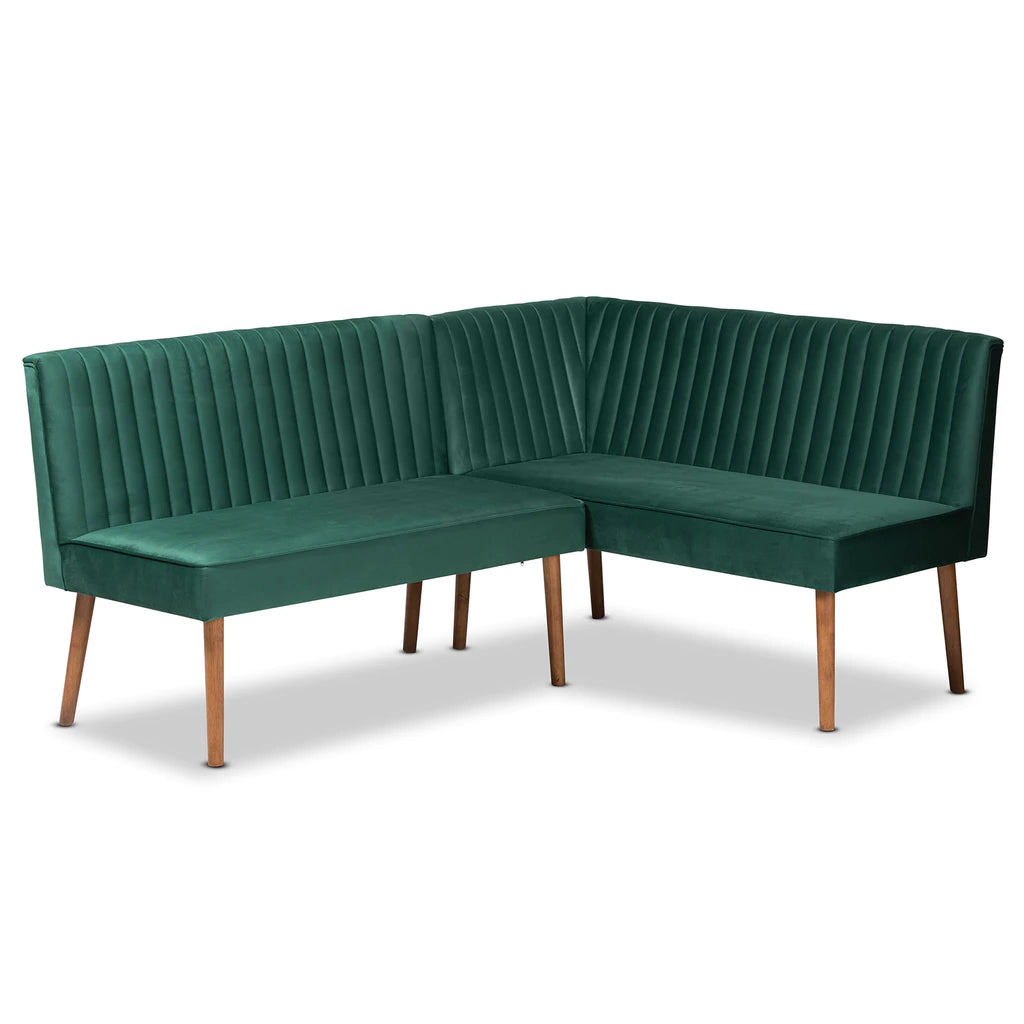 Baxton Studio Alvis Mid-Century Modern Emerald Green Velvet Upholstered And Walnut Brown Finished Wood 2-Piece Dining Nook Banquette Set | Sofas | Modishstore - 2