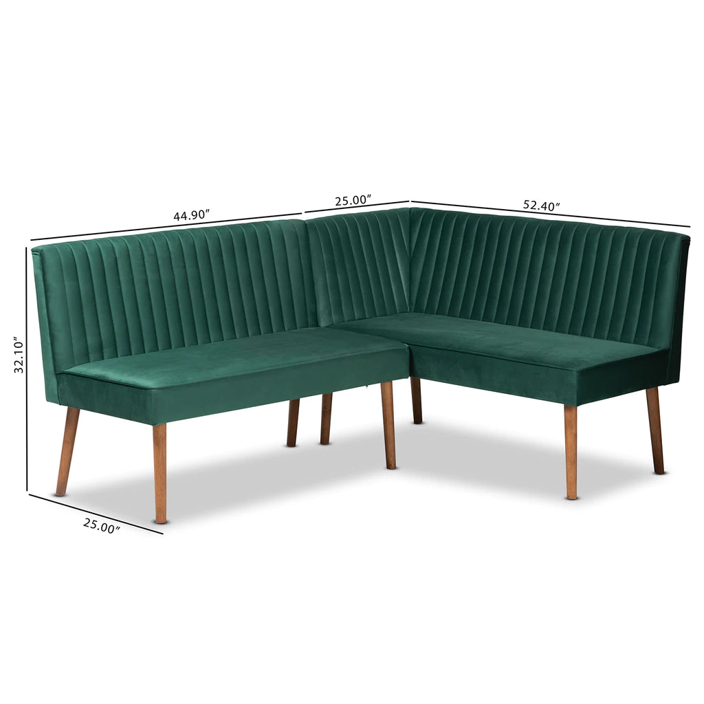 Baxton Studio Alvis Mid-Century Modern Emerald Green Velvet Upholstered And Walnut Brown Finished Wood 2-Piece Dining Nook Banquette Set | Sofas | Modishstore - 6