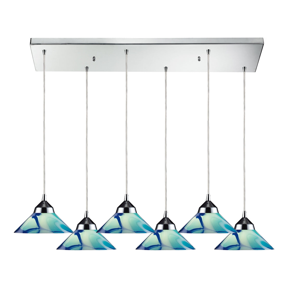 Refraction 6-Light Rectangular Pendant Fixture in Polished Chrome with Caribbean Glass ELK Lighting | Pendant Lamps | Modishstore