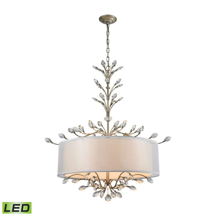 Asbury 6-Light Chandelier in Aged Silver with Organza and White Fabric Shade - Includes LED Bulbs | Chandeliers | Modishstore