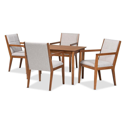 Baxton Studio Theresa Mid-Century Modern Greyish Beige Fabric Upholstered and Walnut Brown Finished Wood 5-Piece Dining Set | Dining Sets | Modishstore