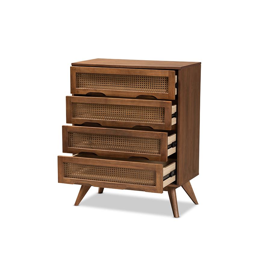 Baxton Studio Barrett Mid-Century Modern Walnut Brown Finished Wood and Synthetic Rattan 4-Drawer Chest | Drawers | Modishstore - 3