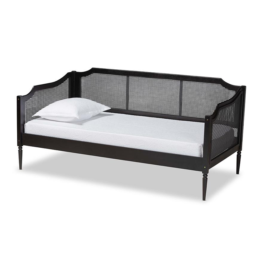 Baxton Studio Hancock Mid-Century Modern Charcoal Finished Wood and Synthetic Rattan Twin Size Daybed | Daybeds | Modishstore - 2