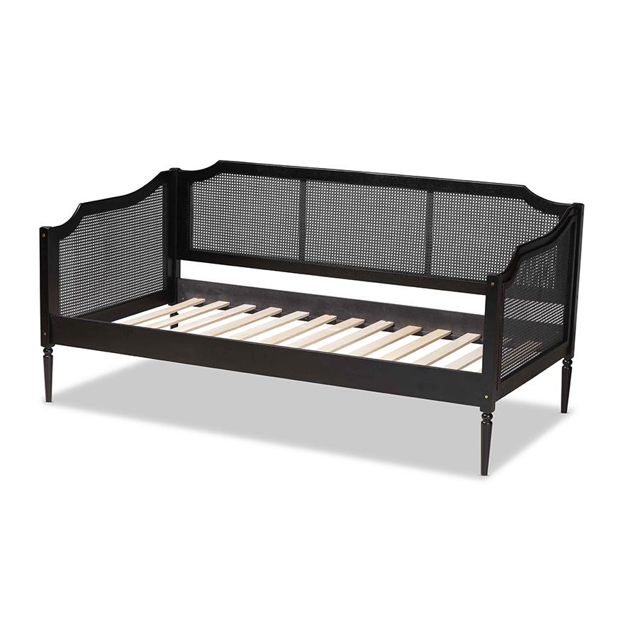 Baxton Studio Hancock Mid-Century Modern Charcoal Finished Wood and Synthetic Rattan Twin Size Daybed | Daybeds | Modishstore - 4