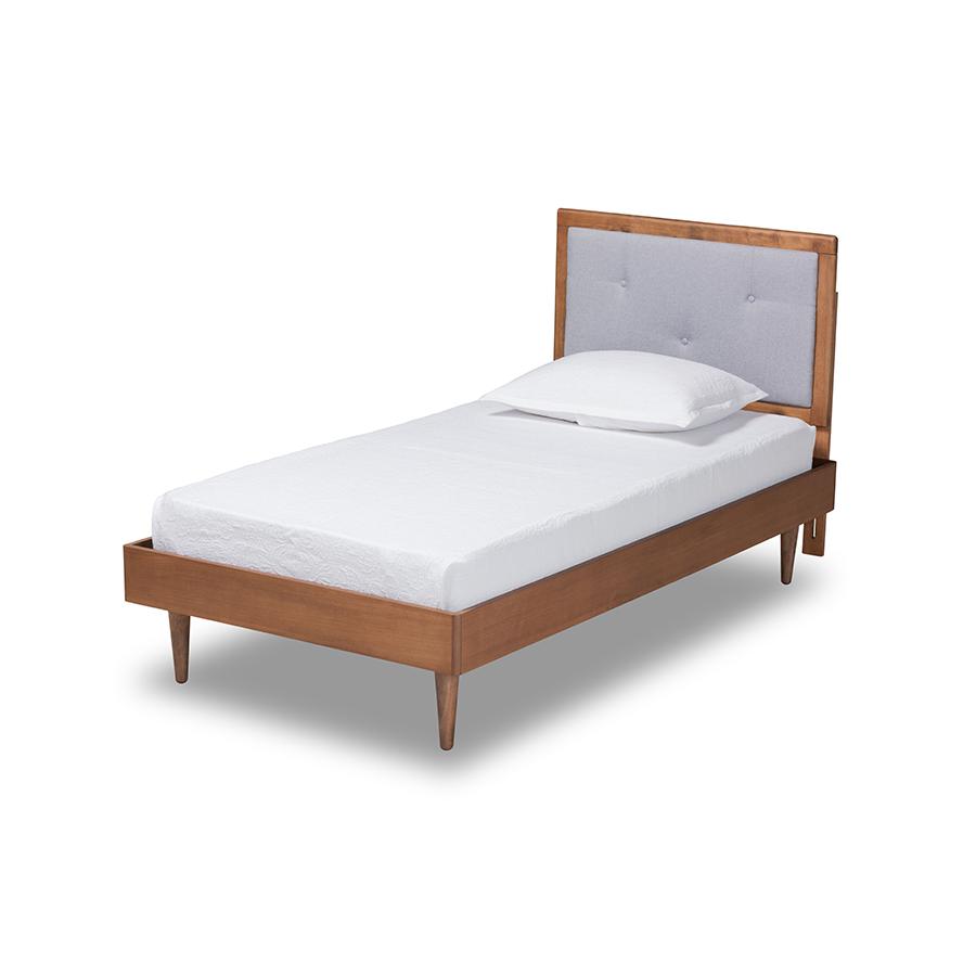 Baxton Studio Saul Mid-Century Modern Light Grey Fabric Upholstered and Walnut Brown Finished Wood Twin Size Platform Bed | Beds | Modishstore - 2