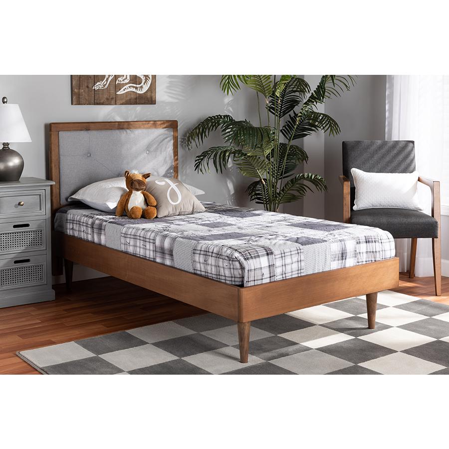 Baxton Studio Saul Mid-Century Modern Light Grey Fabric Upholstered and Walnut Brown Finished Wood Twin Size Platform Bed | Beds | Modishstore