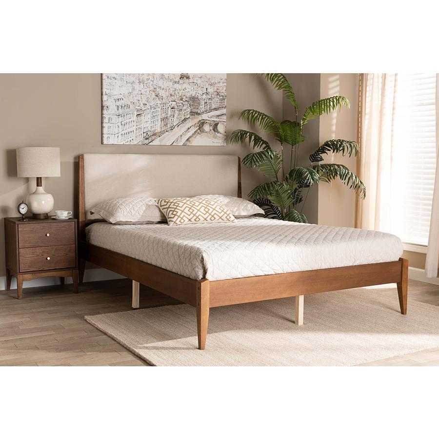 Baxton Studio Lenora Mid-Century Modern Beige Fabric Upholstered and Walnut Brown Finished Wood Full Size Platform Bed | Beds | Modishstore - 2